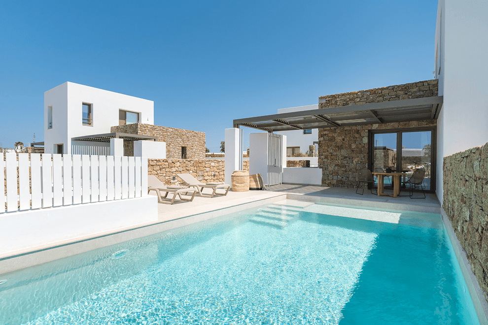 Suite with private pool under a clear blue sky in Mykonos
