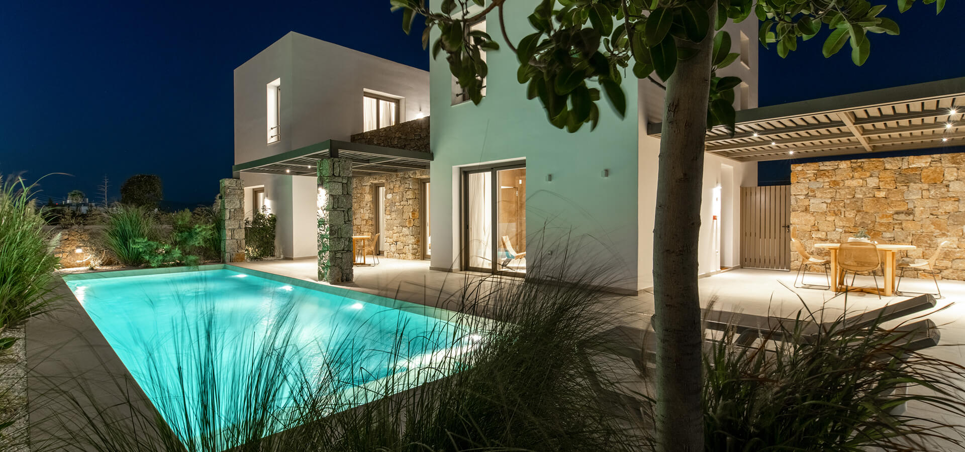 Night view of the pool area