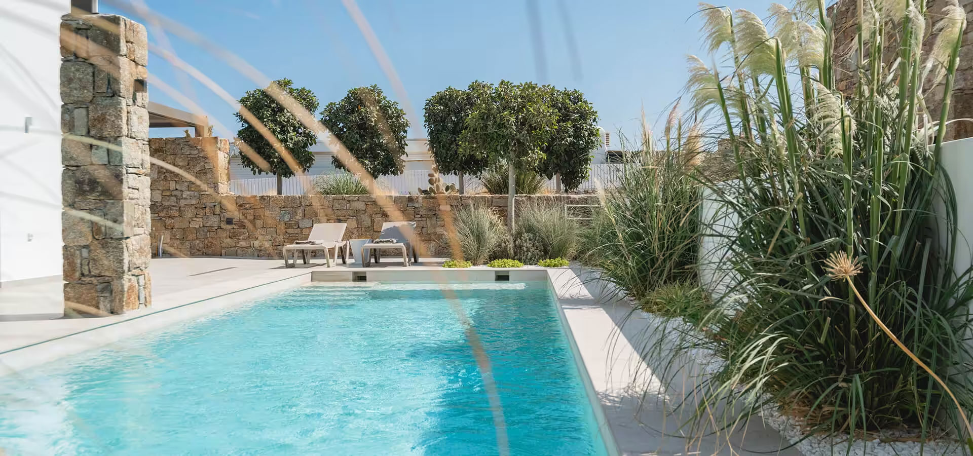 Outdoor private pool surrounded by Mediterranean planting
